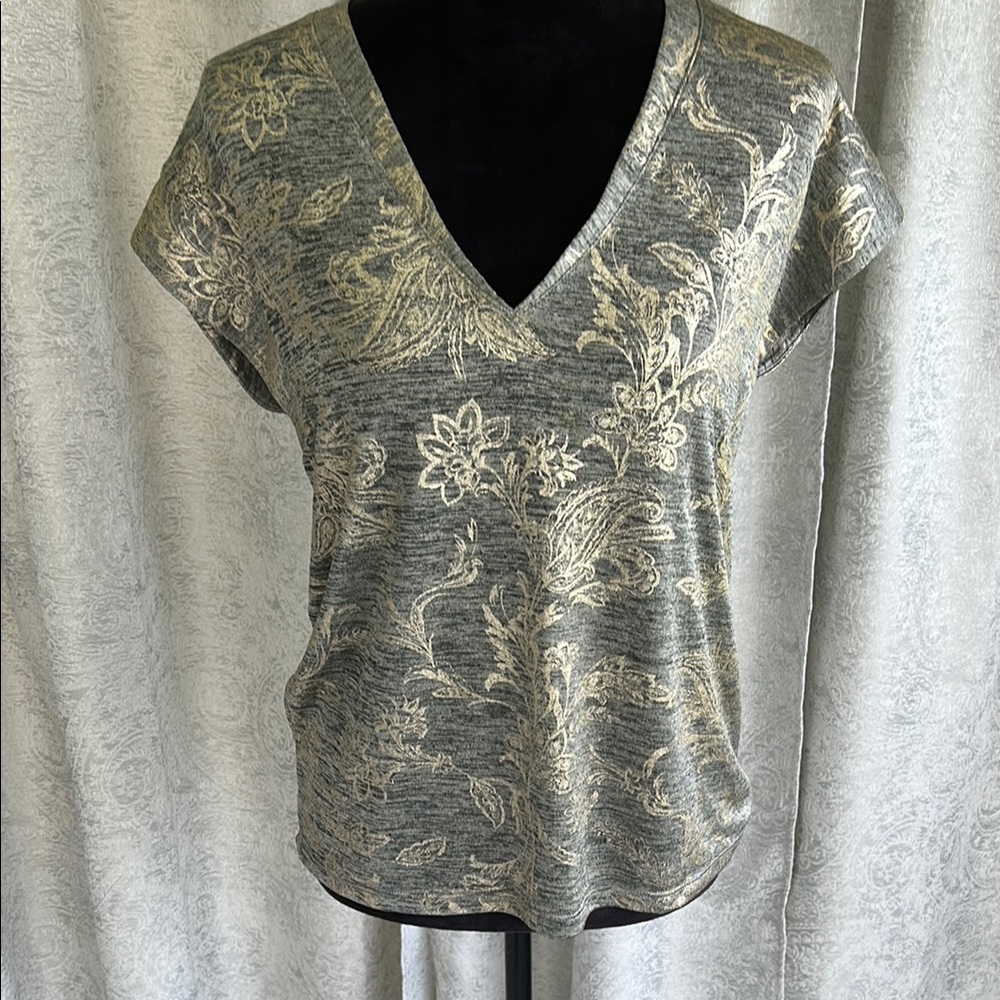 White House Black Market V-Neck Blouse in Gray and Cream